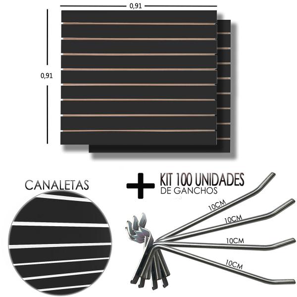 Imagem de 2 Paineis Canaletado Preto - 0,91 x 0,91 + 100 Gancho 10cm + Canaletas BRANCO