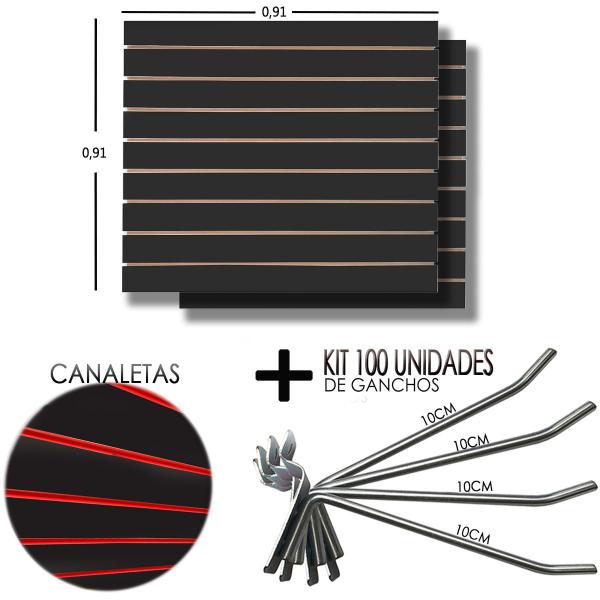 Imagem de 2 Paineis Canaletado Preto - 0,91 x 0,91 + 100 Gancho 10cm + Canaletas VERMELHO