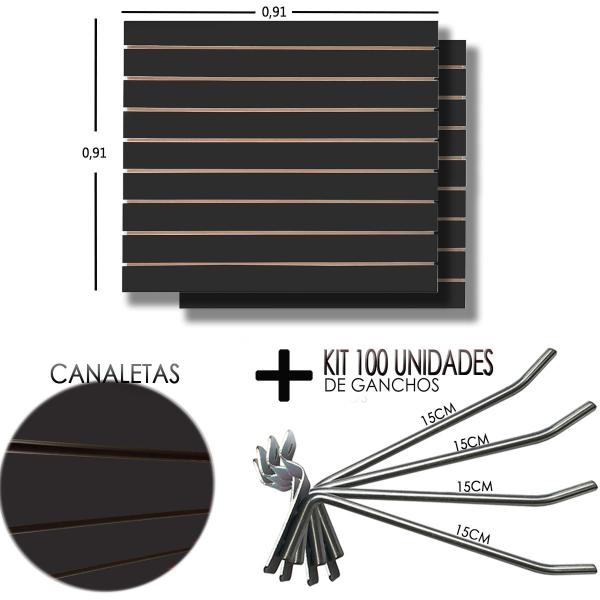 Imagem de 2 Paineis Canaletado Preto - 0,91 x 0,91 + 100 Gancho 15cm + Canaletas PRETAS