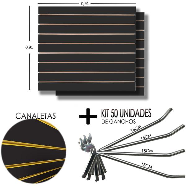 Imagem de 2 Paineis Canaletado Preto - 0,91 x 0,91 + 50 Gancho 15cm + Canaletas AMARELA