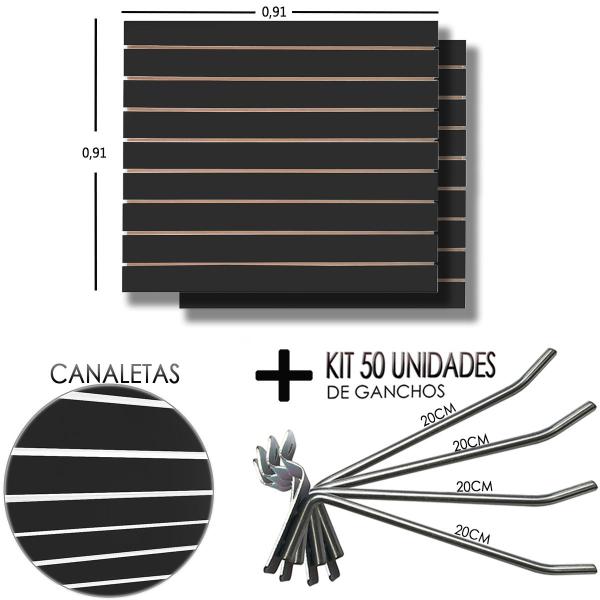 Imagem de 2 Paineis Canaletado Preto - 0,91 x 0,91 + 50 Gancho 20cm + Canaletas BRANCO