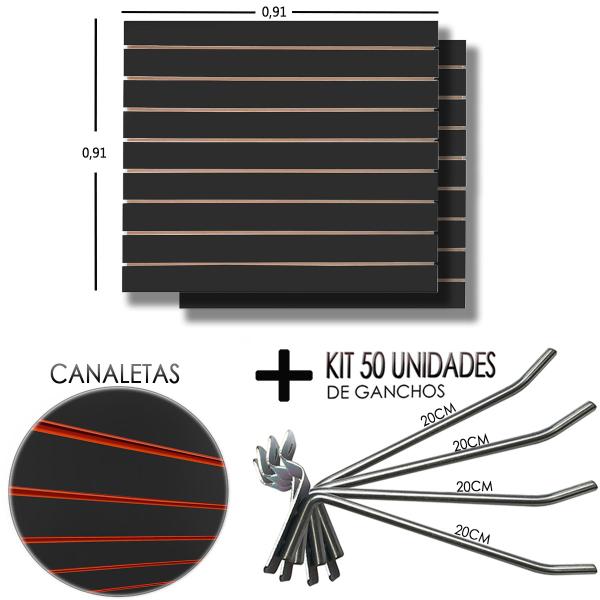 Imagem de 2 Paineis Canaletado Preto - 0,91 x 0,91 + 50 Gancho 20cm + Canaletas Laranjas