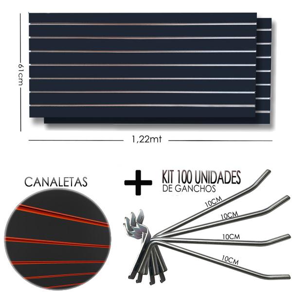 Imagem de 2 Paineis Canaletado Preto -1,22 x 0,61 + 100 Gancho 10cm + Canaletas LARANJA