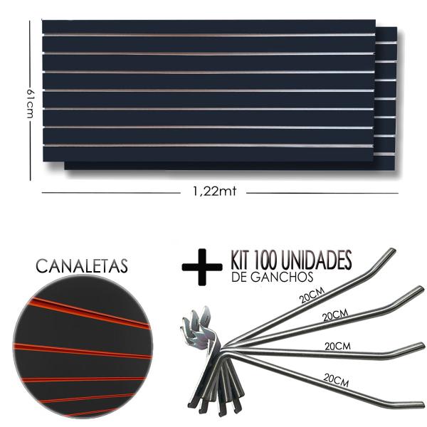 Imagem de 2 Paineis Canaletado Preto -1,22 x 0,61 + 100 Gancho 20cm + Canaletas LARANJA