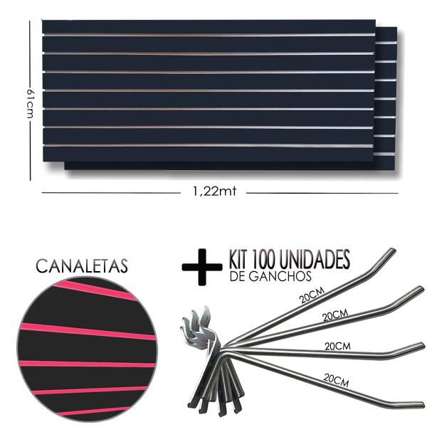 Imagem de 2 Paineis Canaletado Preto -1,22 x 0,61 + 100 Gancho 20cm + Canaletas ROSA