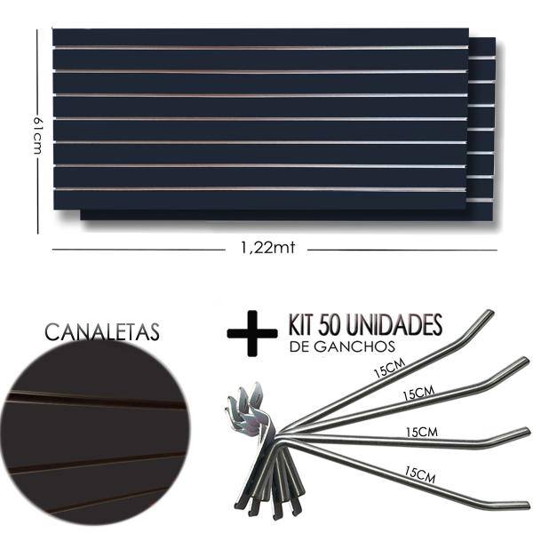 Imagem de 2 Paineis Canaletado Preto -1,22 x 0,61 + 50 Gancho 15cm + Canaletas PRETAS