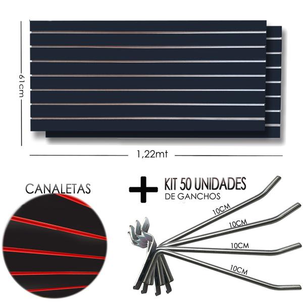 Imagem de 2 Paineis Canaletado Preto -1,22 x 0,61 + 50 Gancho 15cm + Canaletas VERMELHA