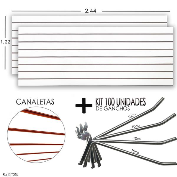 Imagem de 2 Paineis Canaletados - 2,44 x 1,22 + 100 Ganchos 10cm + Canaleta Laranja