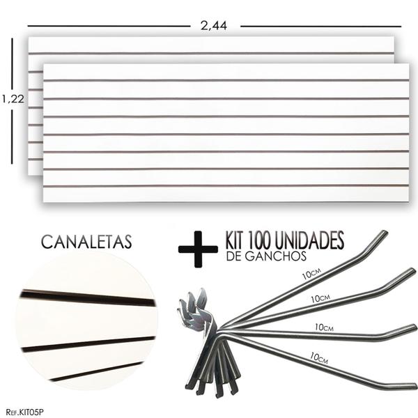 Imagem de 2 Paineis Canaletados - 2,44 x 1,22 + 100 Ganchos 10cm + Canaleta Preta