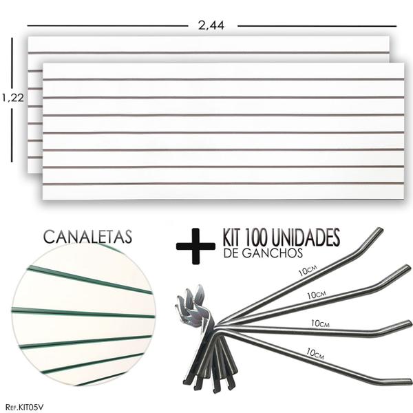 Imagem de 2 Paineis Canaletados - 2,44 x 1,22 + 100 Ganchos 10cm + Canaleta Verde