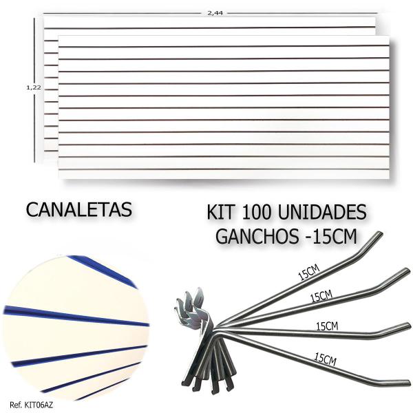 Imagem de 2 Paineis Canaletados - 2,44 x 1,22 + 100 Ganchos 15cm + Canaleta Azul