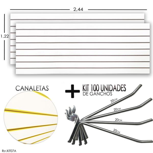 Imagem de 2 Paineis Canaletados - 2,44 x 1,22 + 100 Ganchos 20cm + Canaleta Amarela