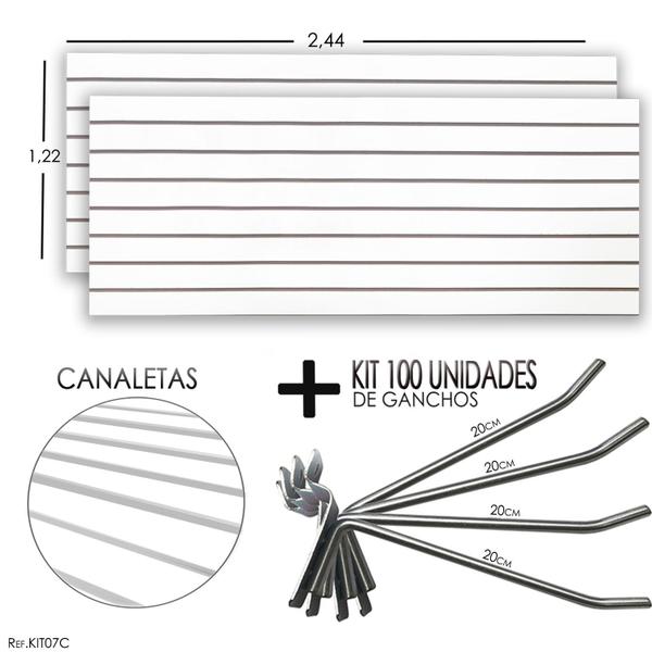 Imagem de 2 Paineis Canaletados - 2,44 x 1,22 + 100 Ganchos 20cm + Canaleta Cinza