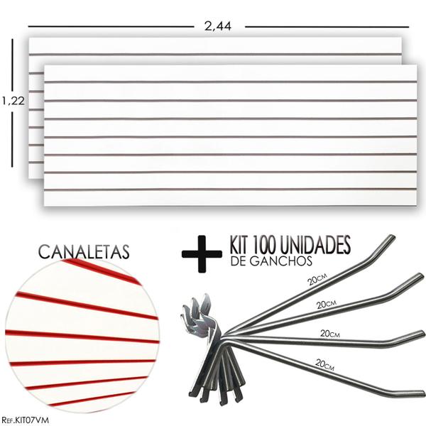 Imagem de 2 Paineis Canaletados - 2,44 x 1,22 + 100 Ganchos 20cm + Canaleta Vermelha