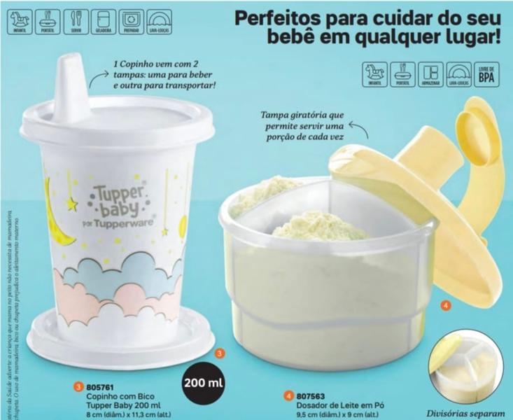 Imagem de 2 peças para seu bebê - Tuperware - Porta leite em pó + copinho com bico, 2 tampas