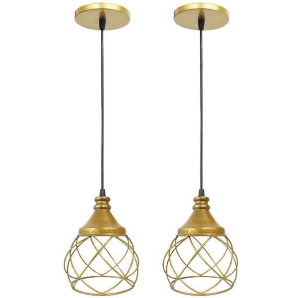 Imagem de 2 Pendente Aramado Esfera Balonê Dourado Lustre Luminária Teto Regulável Sala Cozinha Industrial Agp