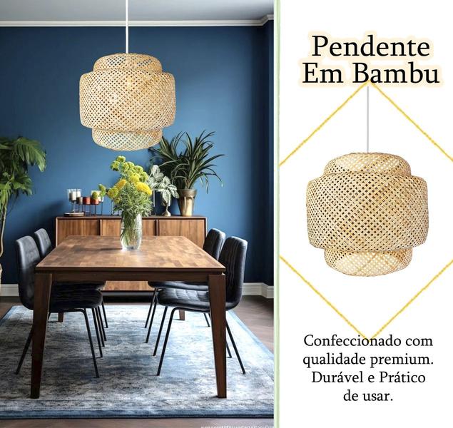 Imagem de 2 Pendente Bambu Fibra Natural Rustico 50 Cm Nat62 + Led