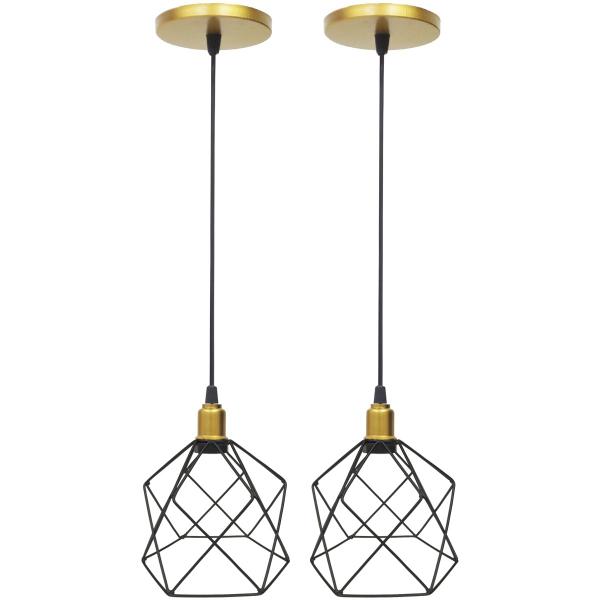 Imagem de 2 Pendentes Aramado Cálice Preto Luminária Lustre Industrial Teto Vintage Dourado Agp Ilumini