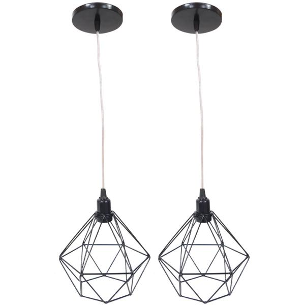 Imagem de 2 Pendentes Aramado Diamante Luminária Lustre Cabo Cristal 1,5 Mt Preto P Teto Retrô Balcão Agp