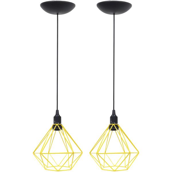 Imagem de 2 Pendentes Aramado Diamante Luminária Lustre P Teto Retrô Vintage Industrial Balcão Amarelo