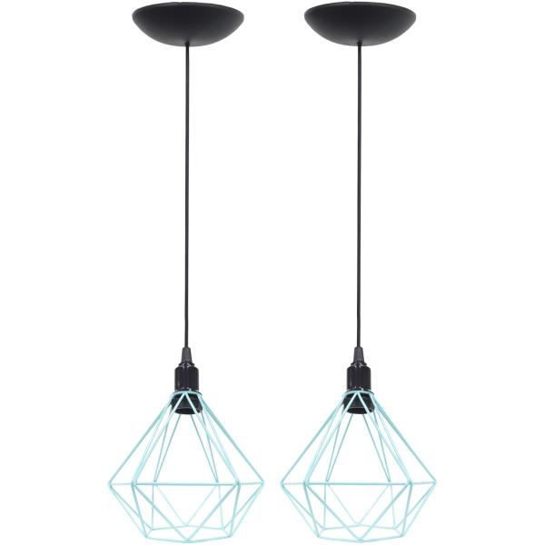 Imagem de 2 Pendentes Aramado Diamante Luminária Lustre P Teto Retrô Vintage Industrial Balcão Azul Tiffany