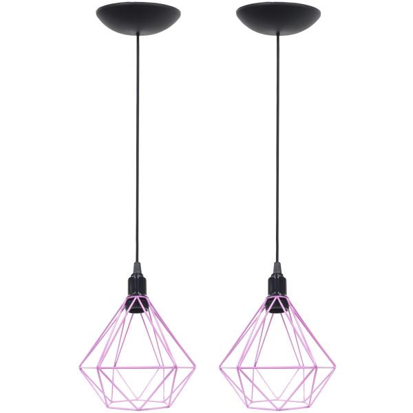 Imagem de 2 Pendentes Aramado Diamante Luminária Lustre P Teto Retrô Vintage Industrial Balcão Rosa