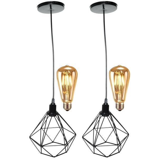 Imagem de 2 Pendentes Aramado Diamante Luminária Lustre Retrô Balcão Preto + 2 Lâmpadas Led ST64 Vintage Teto