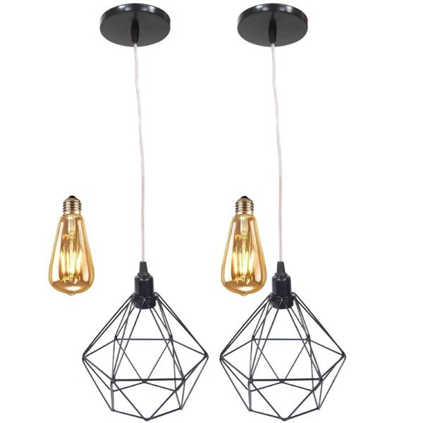 Imagem de 2 Pendentes Aramado Diamante Lustre Cabo Cristal Preto + 2 Lâmpadas Led ST64 Vintage Retrô