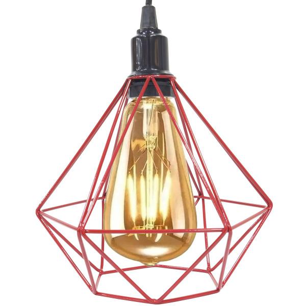 Imagem de 2 Pendentes Aramado Diamante Teto Luminária Retrô Balcão Agp Vermelho + 2 Lâmpadas Led ST64 Vintage