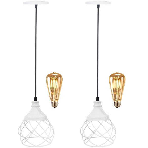 Imagem de 2 Pendentes Aramado Esfera Balonê Branco + 2 Lâmpadas Lustre Luminária Teto Regulável Sala Cozinha