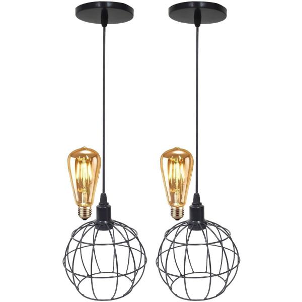 Imagem de 2 Pendentes Aramado Globo Luminária Lustre Retrô Balcão Preto + 2 Lâmpadas Led ST64 Vintage Teto