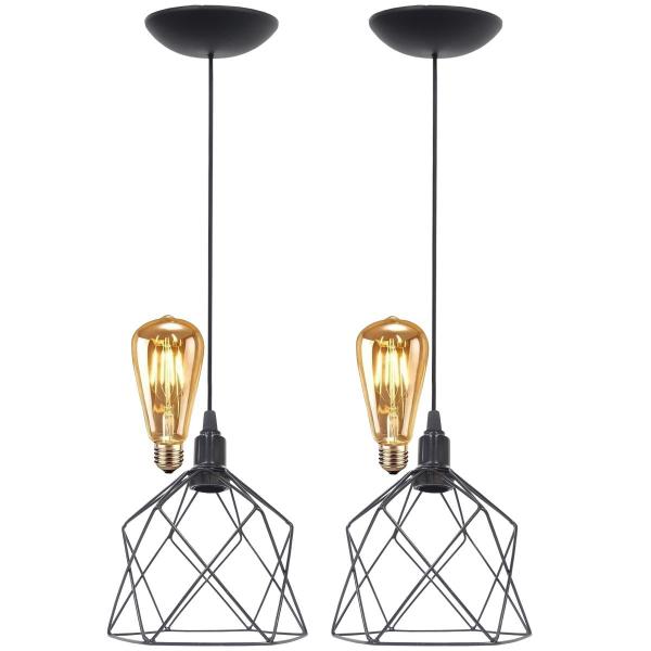 Imagem de 2 Pendentes Aramado Teto Cálice Luminária Lustre Retrô Balcão + Lâmpada Led ST64 Vintage Preto