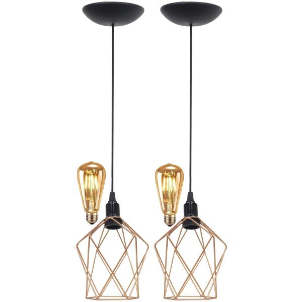 Imagem de 2 Pendentes Aramado Teto Cálice P Luminária Lustre Retrô Balcão + Lâmpada Led ST64 Vintage