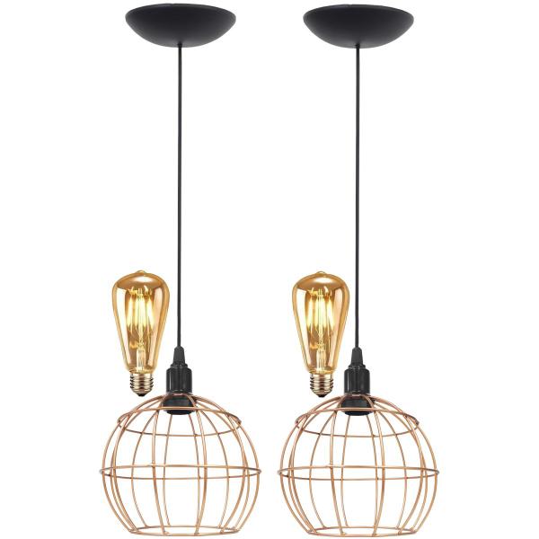 Imagem de 2 Pendentes Aramado Teto Globo Luminária Lustre Retrô Balcão + Lâmpada Led ST64 Vintage