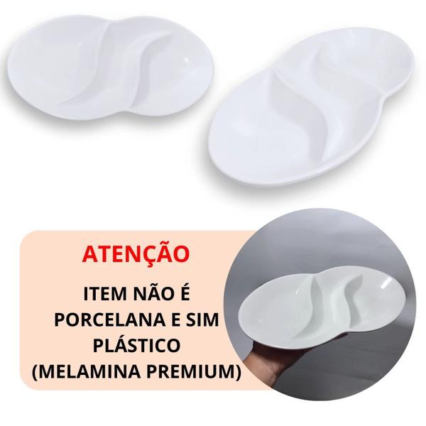 2 Petisqueiras de 25,5 Cm Branca 3 Divisorias + 4 Pratos Retos 27 Cm Melamina Profissional Bestfer Imagem de 2 Petisqueiras de 25,5 Cm Branca 3 Divisorias + 4 Pratos Retos 27 Cm Melamina Profissional Bestfer
