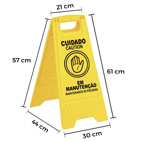 Imagem de 2 Placas Amarelas (Cuidado Piso Molhado) + 1 Placa Amarela ( Cuidado em Manutenção) KIT c/ 3 pçs.