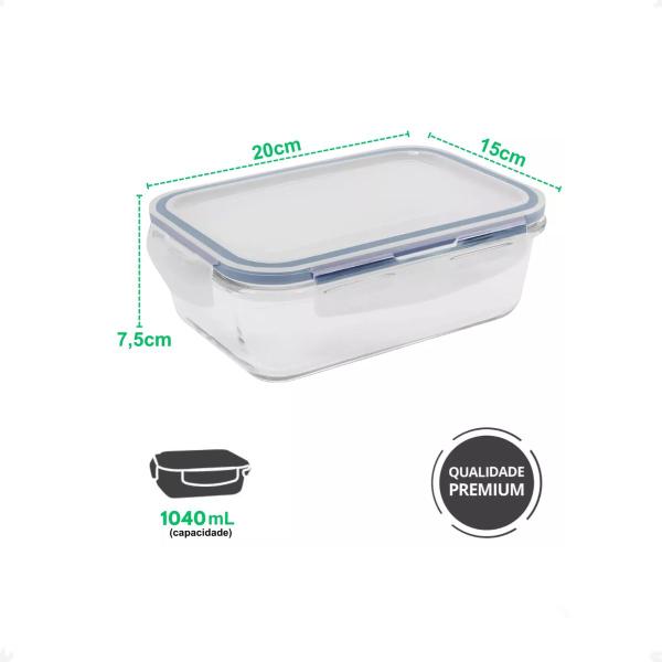 2 Pote Hermético borossilicato Retangular 1040ml Microondas - Lehavi Imagem de 2 Pote Hermético borossilicato Retangular 1040ml Microondas