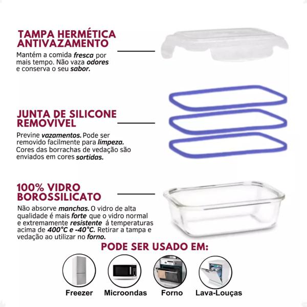 2 Pote Hermético borossilicato Retangular 1040ml Microondas - Lehavi Imagem de 2 Pote Hermético borossilicato Retangular 1040ml Microondas