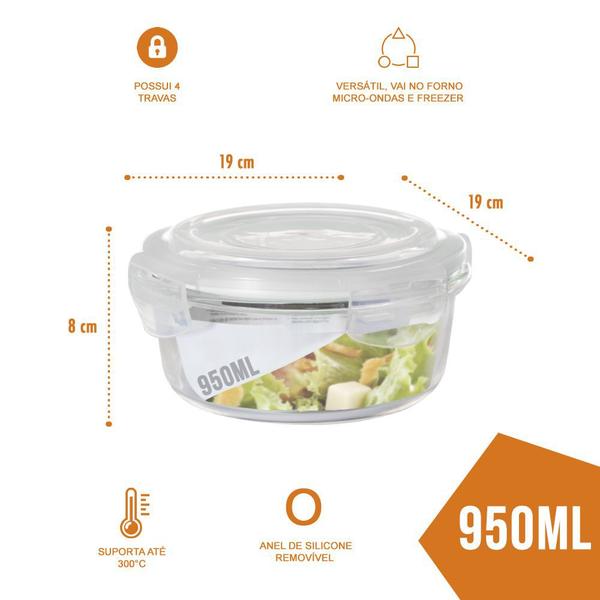 Imagem de 2 Potes 950ml Vidro Redondo Alimento Marmita Hermético