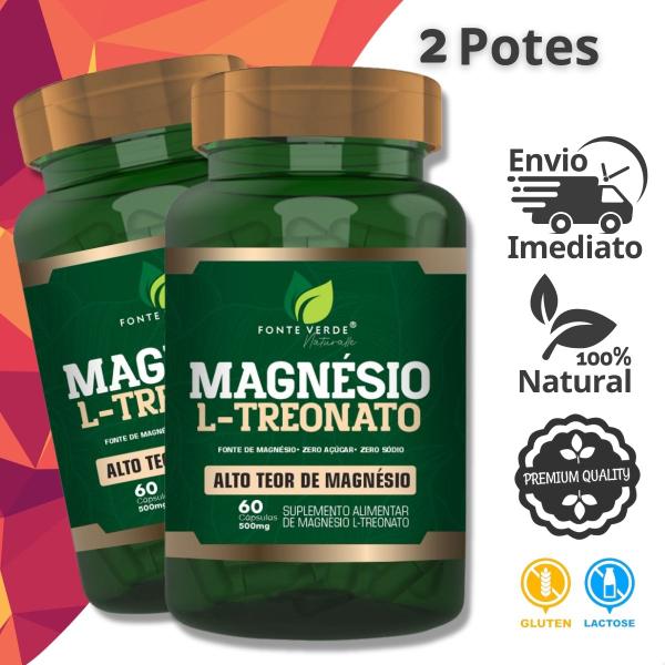 Imagem de 2 Potes Magnésio L-Treonato Kit 120 Cáps c/ Matéria Prima Importada - Fonte Verde