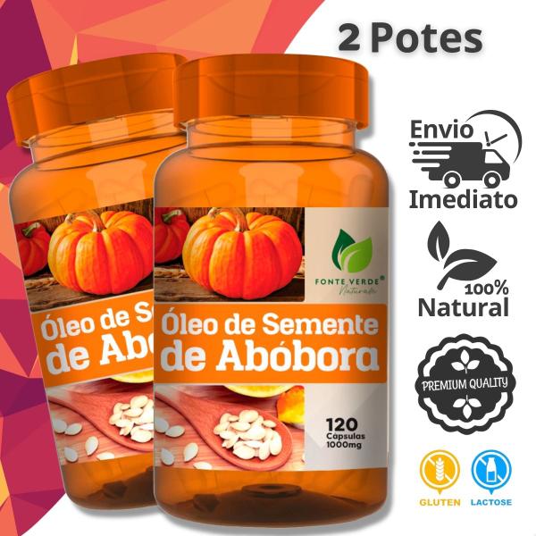 2 Potes Óleo de Semente de Abóbora 1000mg Kit 240 Cáps - Fonte Verde Imagem de 2 Potes Óleo de Semente de Abóbora 1000mg Kit 240 Cáps - Fonte Verde