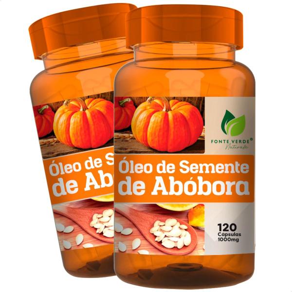 2 Potes Óleo de Semente de Abóbora 1000mg Kit 240 Cáps - Fonte Verde Imagem de 2 Potes Óleo de Semente de Abóbora 1000mg Kit 240 Cáps - Fonte Verde