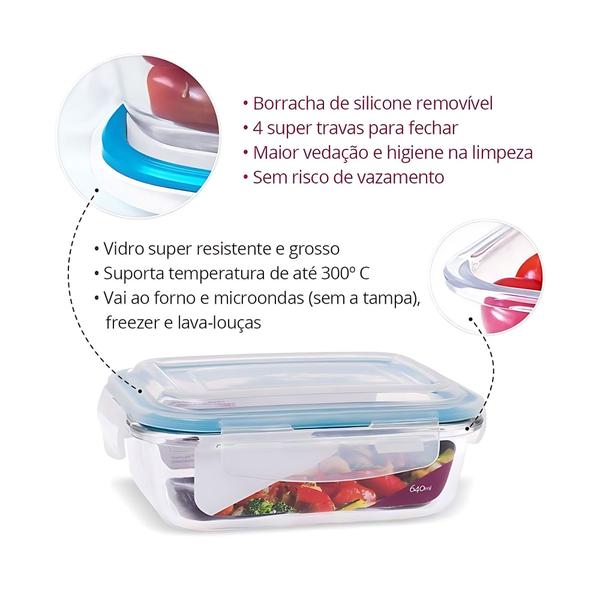 2 Potes Vidro Retangular Hermético 370ml - Quality House - Qhouse Com e Importadora de Ud Imagem de 2 Potes Vidro Retangular Hermético 370ml - Quality House