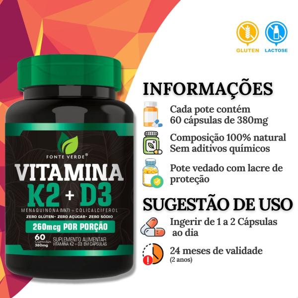 Imagem de 2 Potes Vitamina K2 + D3 Concentrada Kit 120 Cáps - Fonte Verde