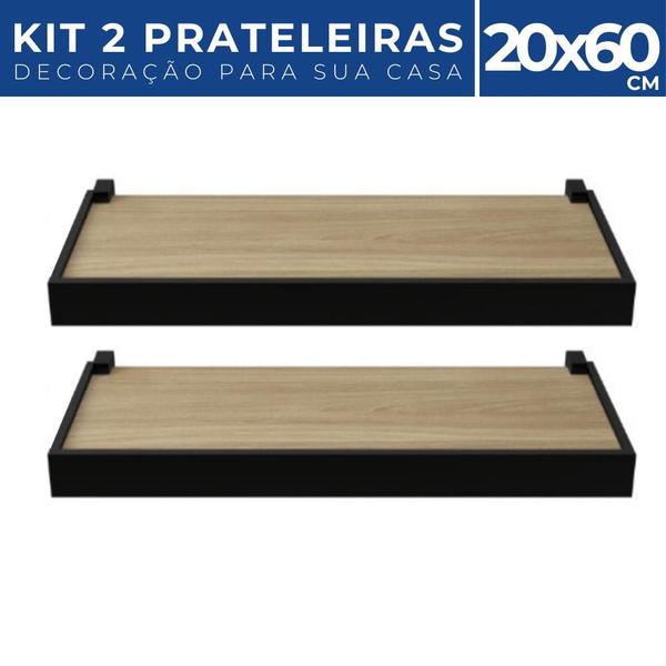 Imagem de 2 Prateleiras 20x60cm Duetto Nogueira c/ Suporte e Moldura