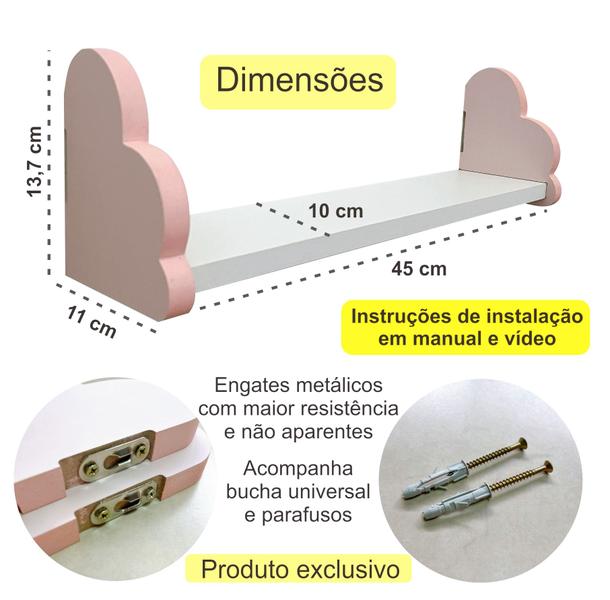 Imagem de 2 Prateleiras nuvem rosa e 2 cabideiros infantil formatos