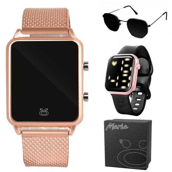 Imagem de 2 relogio feminino digital led rose + oculos sol + caixa casual preto rosa original rose moda