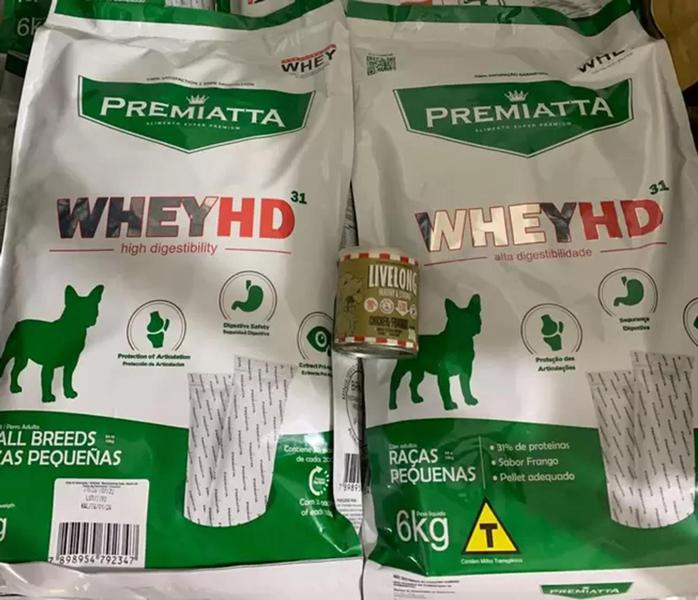 Imagem de 2 sacos de Ração Premiatta 6kg WheyHD  e 1 Live long cães 300g sabores sortidos -  Gran Premiatta