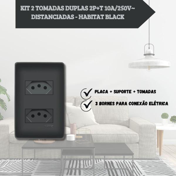 Imagem de 2 Tomadas Dupla Preta 2P+T Distanciadas 10A 250V Com Placa Habitat Black- FAME