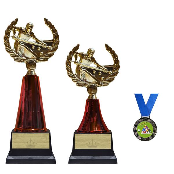 Imagem de 2 Troféus Modelo De Sinuca Com 1 Medalha Bronze P/ Bilhar